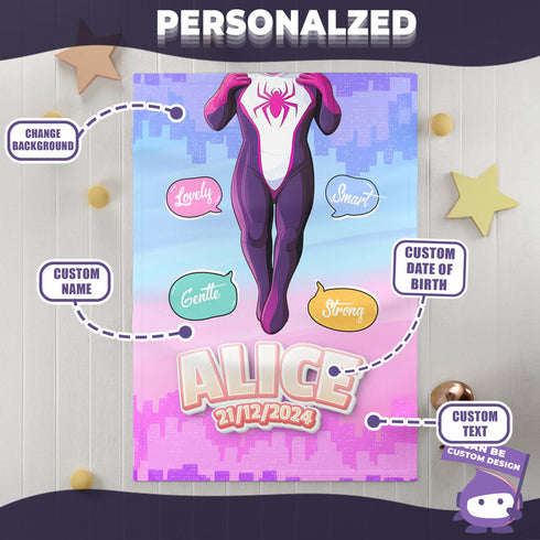 Personalized Spider Girl Baby Blanket – Custom Name, Date & Background | Superhero Baby Gift
